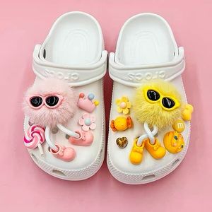 Yellow & Pink Cute Fluffy Balls Shoes Charm Set